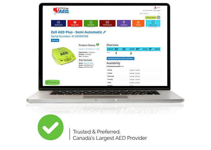 Illustration of laptop with screenshot of AED unit status page in TrackMyAED management system.